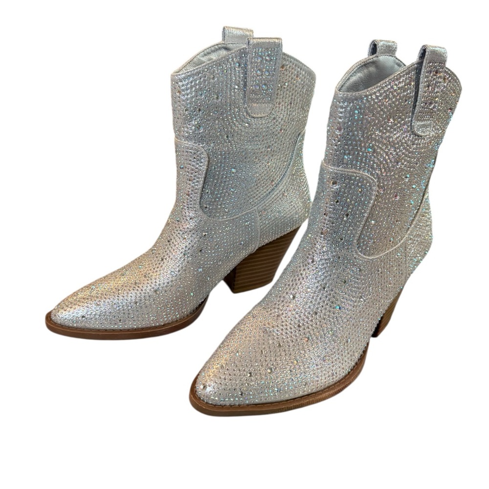 Forever Silver Sparkle Western Mini Boots Glitter Ankle Boots Size 8 New